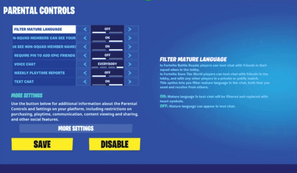 Fortnite parental controls